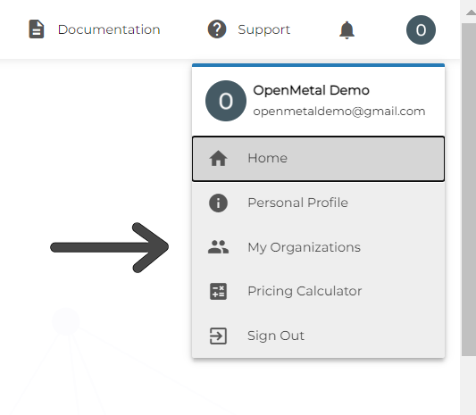 OpenMetal Central Find My Organizations In Dropdown