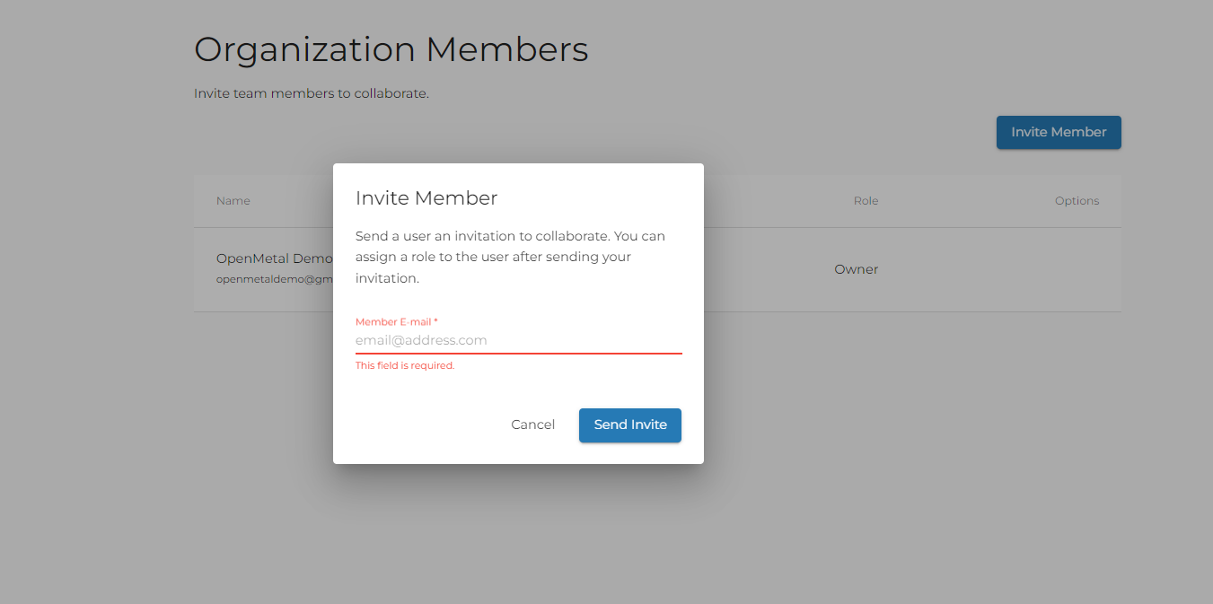 OpenMetal Central Add Email Of New Member