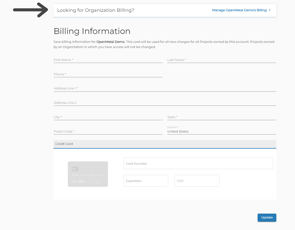 OpenMetal Central Billing Information Form