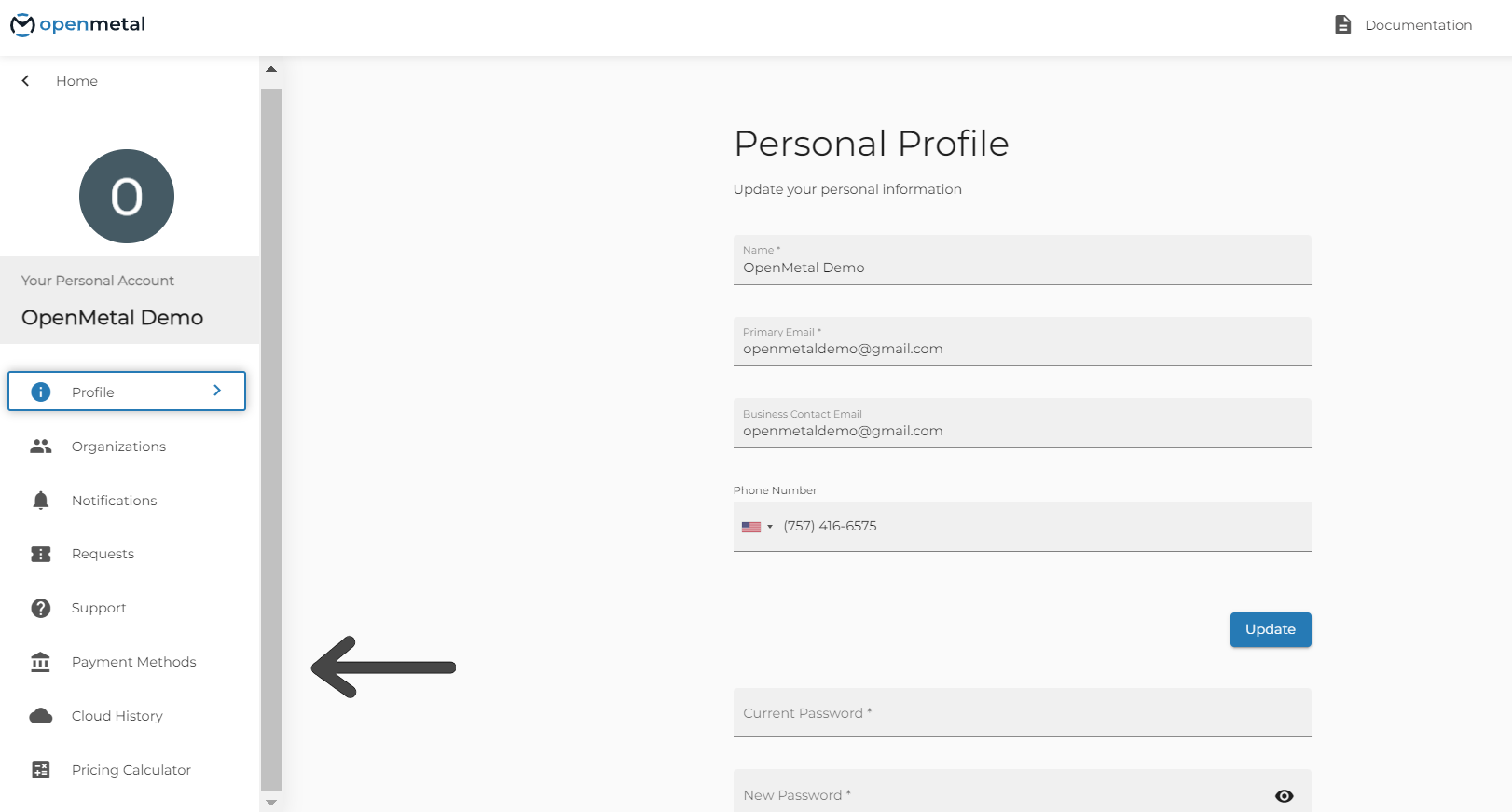 OpenMetal Central Payment Methods From Personal Profile